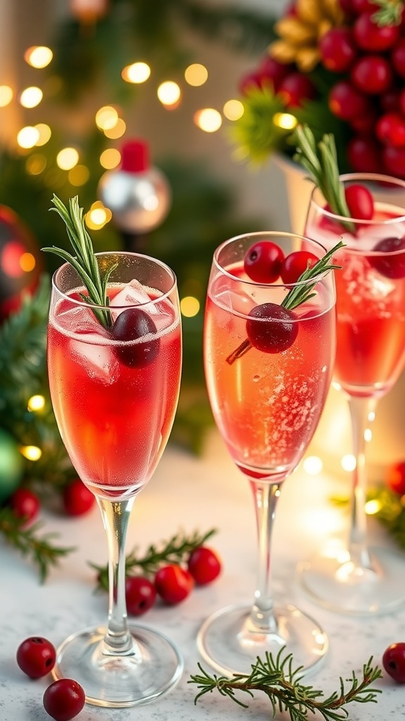Four glasses of cranberry Prosecco cocktails garnished with cranberries and rosemary, set in a festive holiday setting.